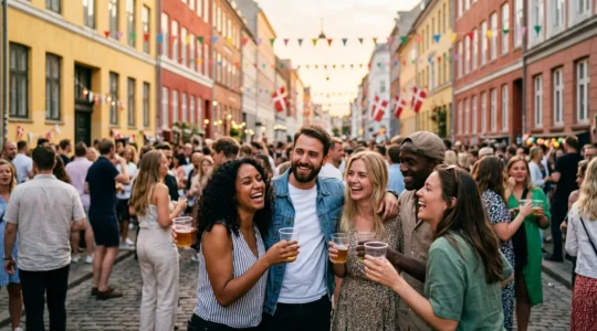Vibrant Copenhagen street festival with crowds celebrating under colorful banners