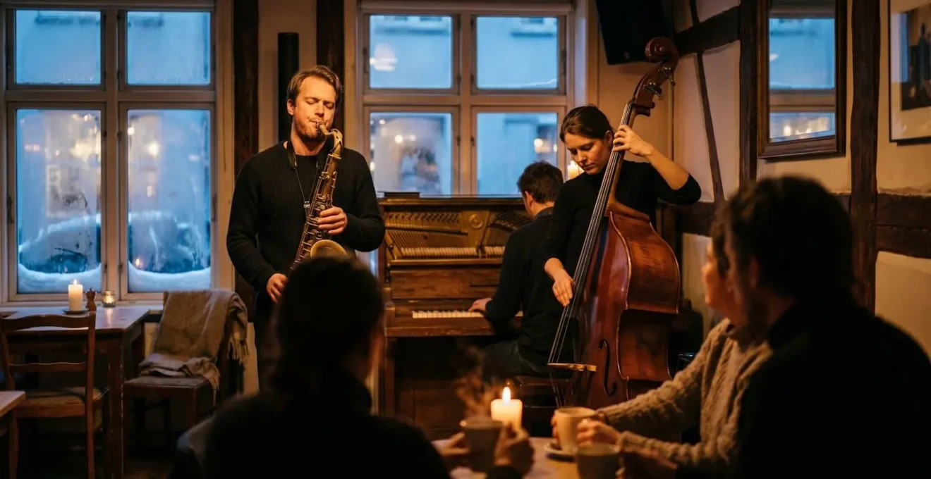 Intimate winter jazz performance in a candle-lit Copenhagen cafe during Vinterjazz