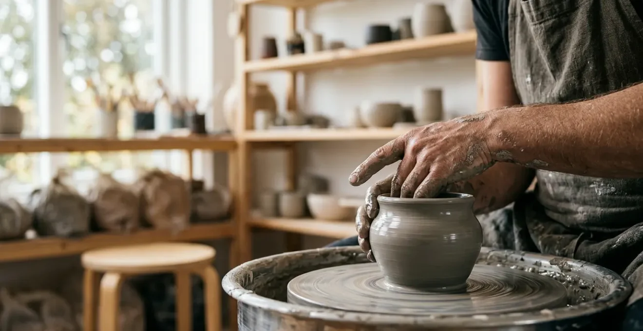 Artisan hands shaping clay on pottery wheel in Copenhagen ceramic studio