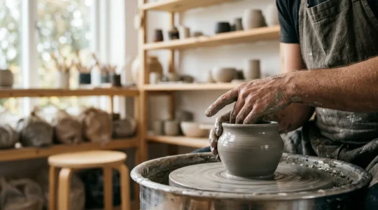 Artisan hands shaping clay on pottery wheel in Copenhagen ceramic studio