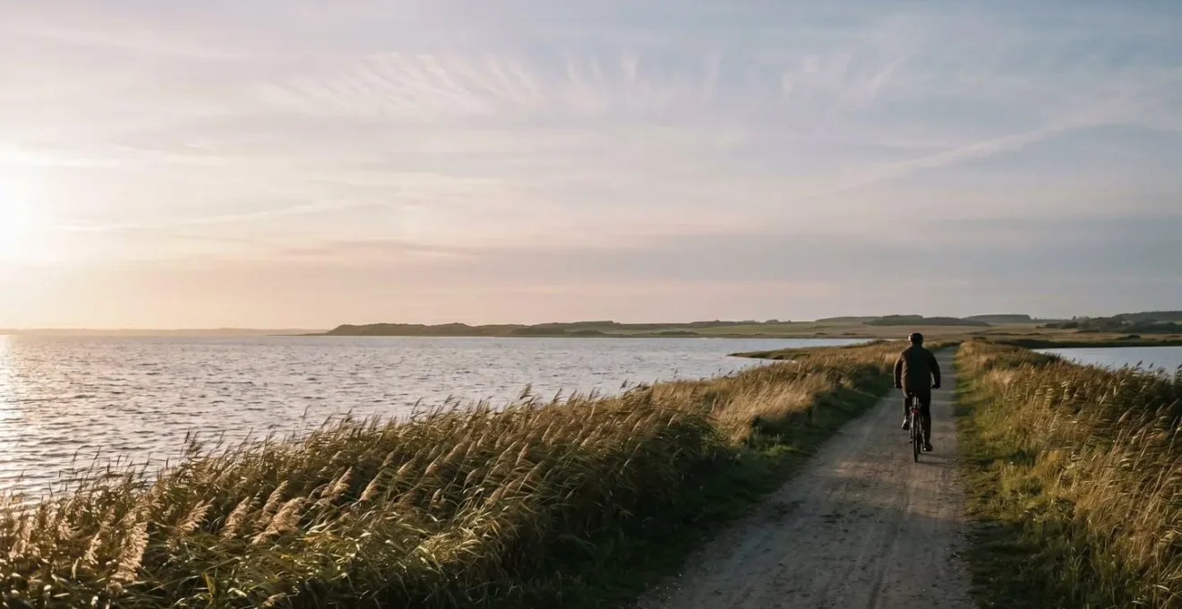 Silhouetted cyclist riding along flat fjord path with tall reeds and golden hour light reflecting on water