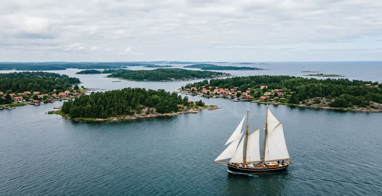 Aerial view of a traditional wooden sailboat navigating through the Danish archipelago with multiple green islands in the Baltic Sea