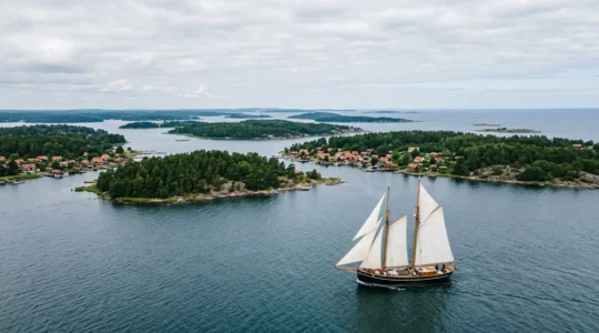 Aerial view of a traditional wooden sailboat navigating through the Danish archipelago with multiple green islands in the Baltic Sea