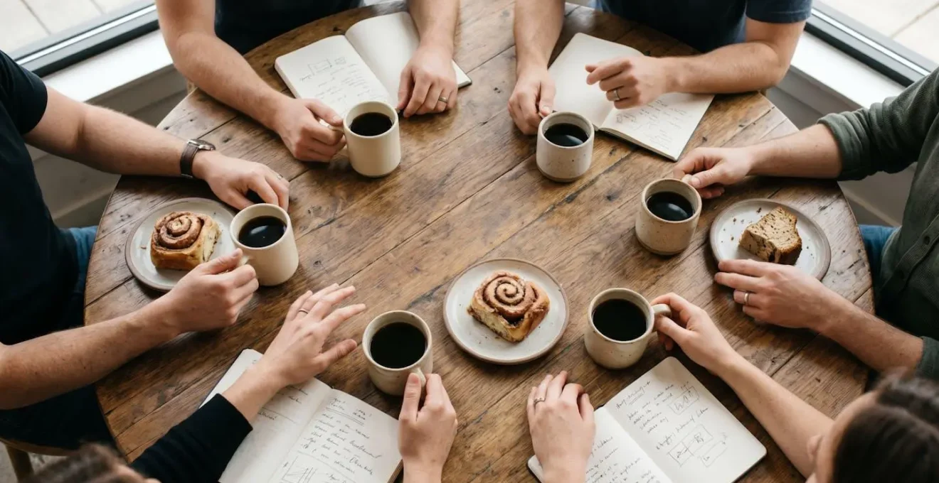 Group of people in casual conversation at a communal table representing Danish egalitarian social culture