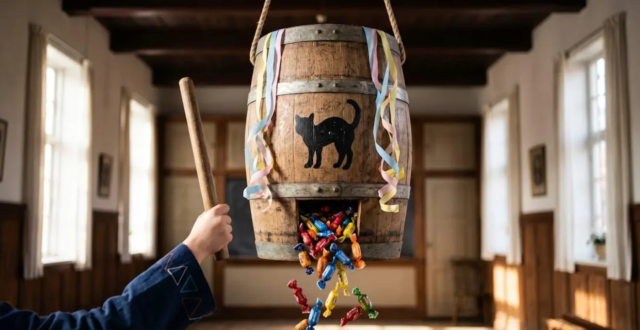 A decorated wooden barrel suspended from above with children dressed in colorful costumes taking turns hitting it with wooden sticks