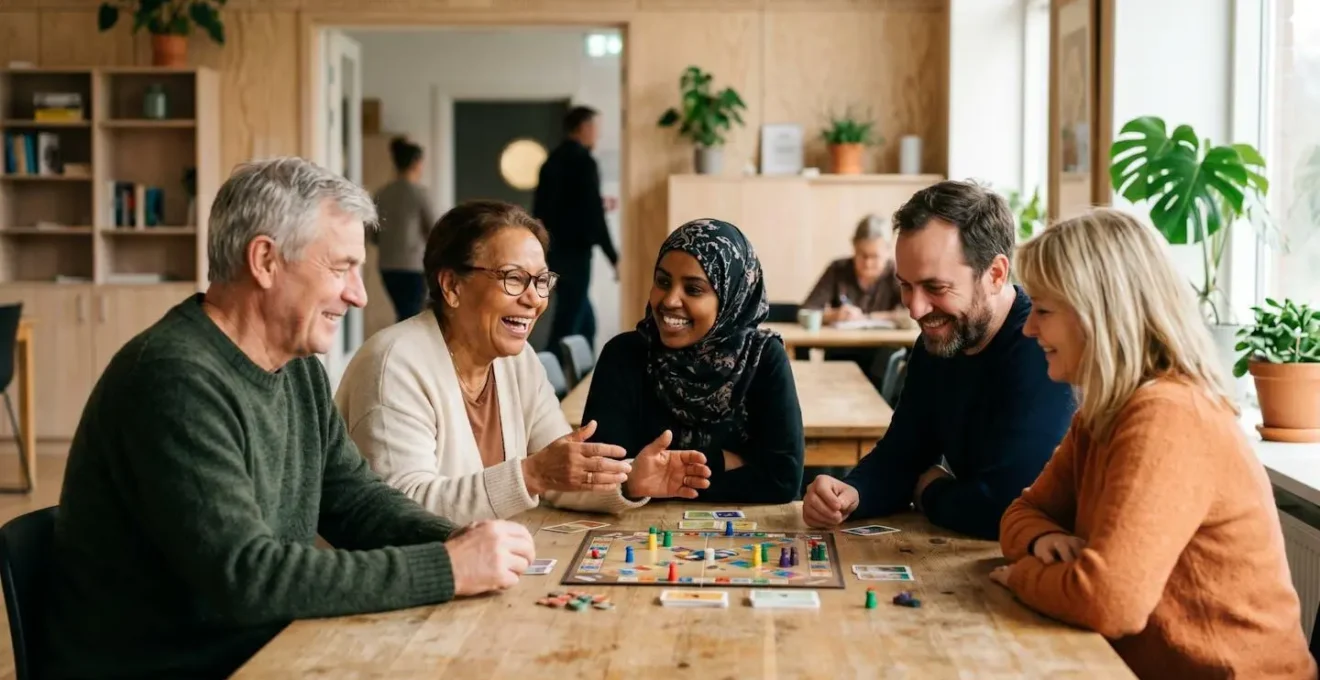 A warm community gathering in a Danish club space with people engaged in shared activity