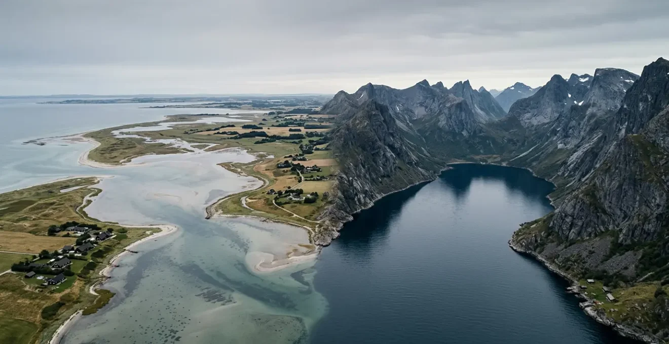 Aerial view contrasting the shallow Danish fjord landscape with dramatic Norwegian fjord cliffs