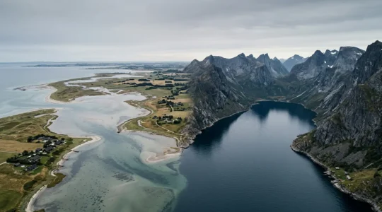 Aerial view contrasting the shallow Danish fjord landscape with dramatic Norwegian fjord cliffs