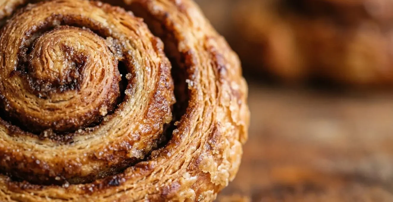 Extreme close-up of freshly baked Danish cinnamon snail pastry showing flaky laminated layers and caramelized surface texture