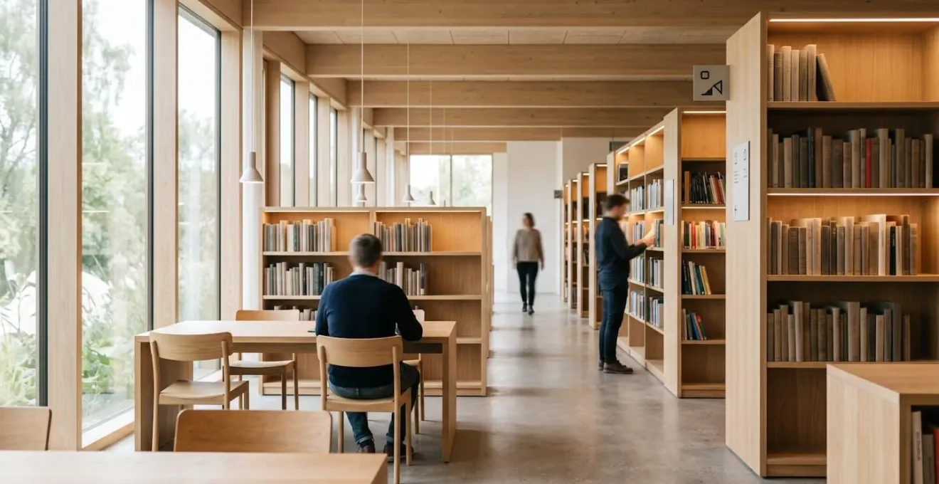 Modern Danish public library interior with clean minimalist design and natural light