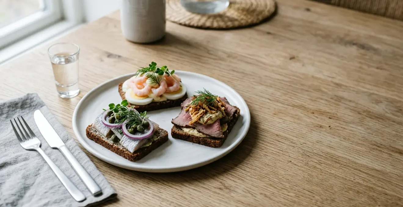 Traditional Danish open-faced sandwich with layered toppings on dark rye bread served on elegant plate