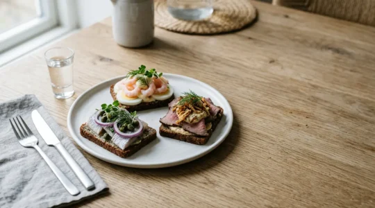 Traditional Danish open-faced sandwich with layered toppings on dark rye bread served on elegant plate