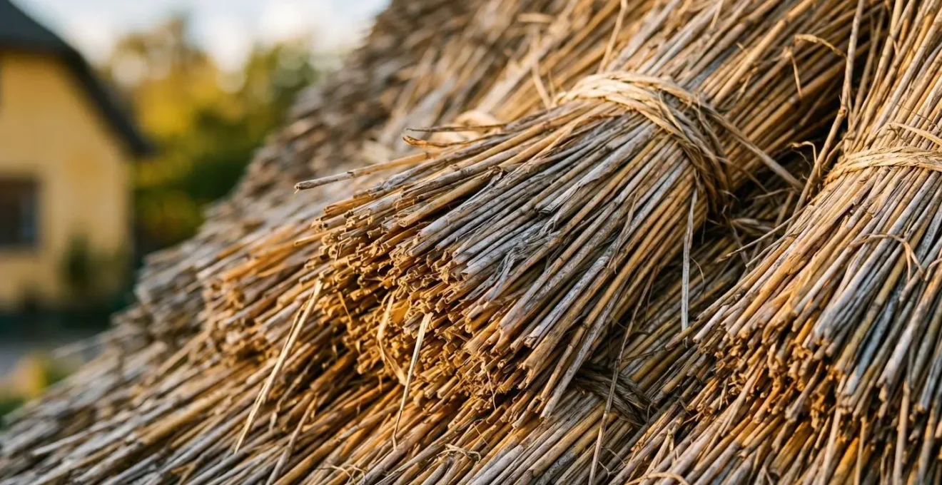 Close-up view of traditional Danish thatched roof construction showing natural straw texture and craftsmanship