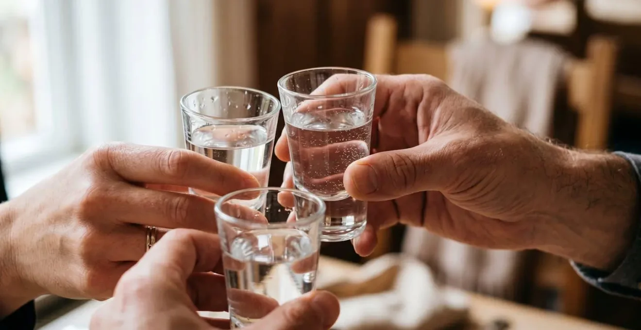 Hands raised holding small clear shot glasses in a toast gesture with warm interior lighting
