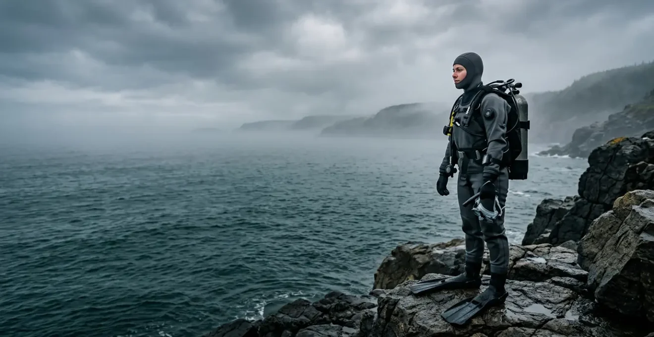 Diver preparing for cold water diving expedition in dry suit gear