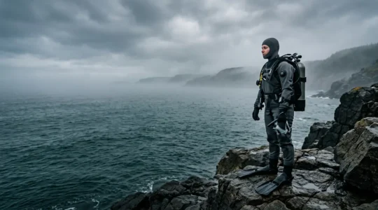 Diver preparing for cold water diving expedition in dry suit gear