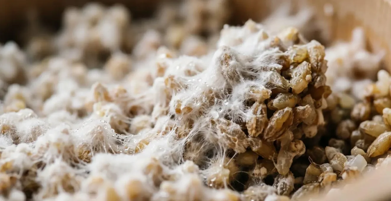 Extreme close-up macro view of fermentation bubbles and textural details on the surface of fermenting koji grain with shallow depth of field