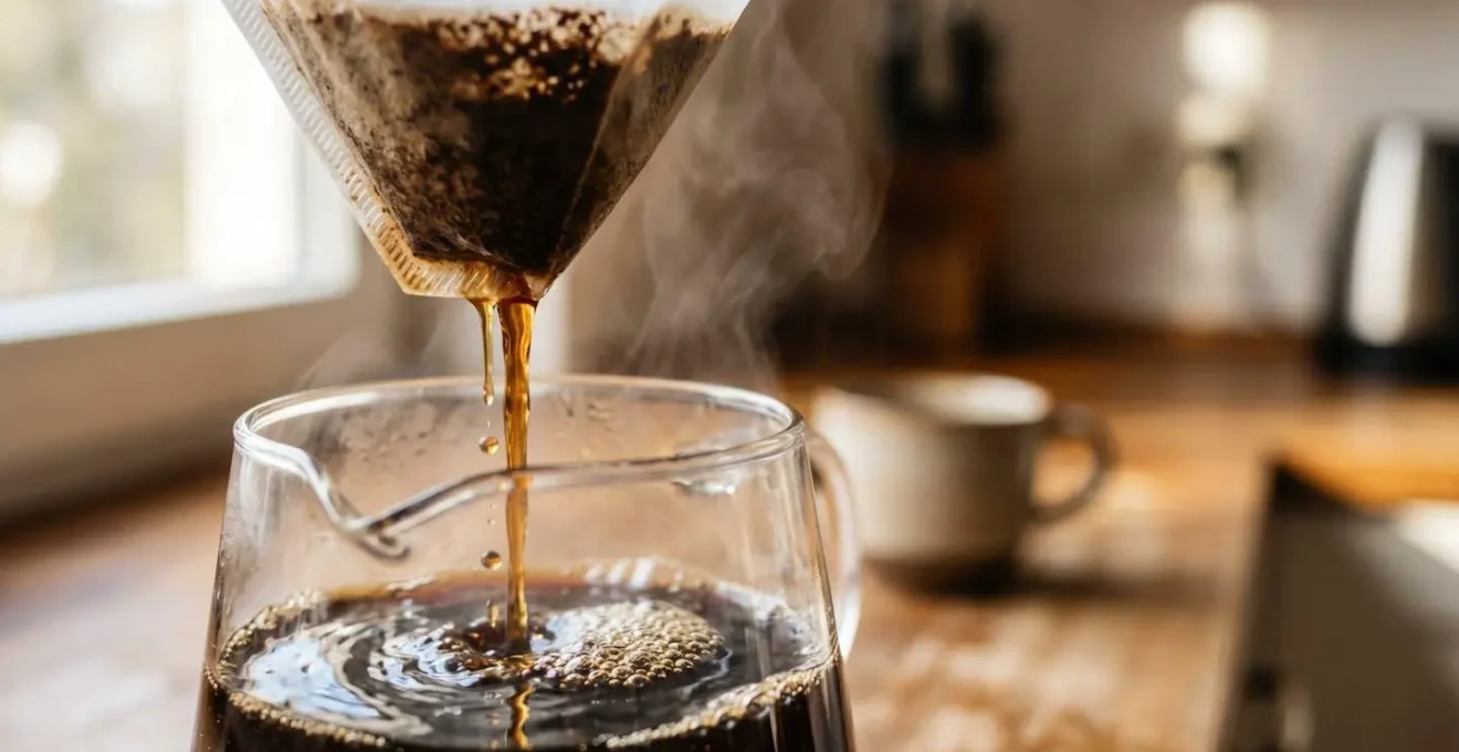 Close-up of filter coffee brewing through a traditional coffee maker with morning light