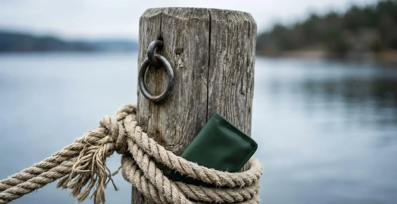 Abstract composition showing fishing permit concept through weathered wooden post with rope and blurred water background
