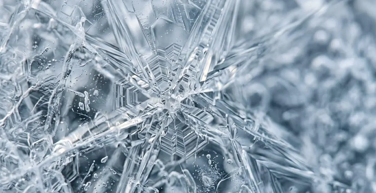 Extreme close-up of transparent ice crystal formation showing intricate geometric structure and internal fracture patterns