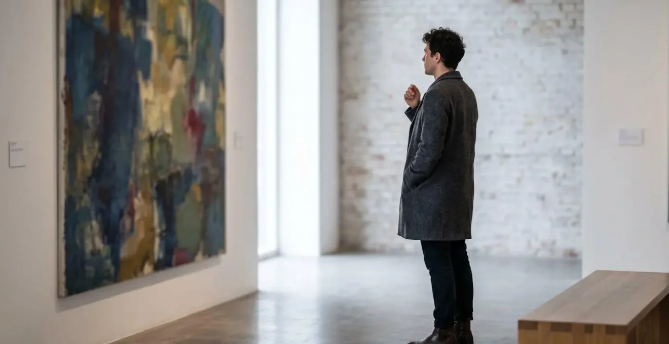Contemporary art gallery interior in Copenhagen's Vesterbro district with visitor examining emerging artist's work