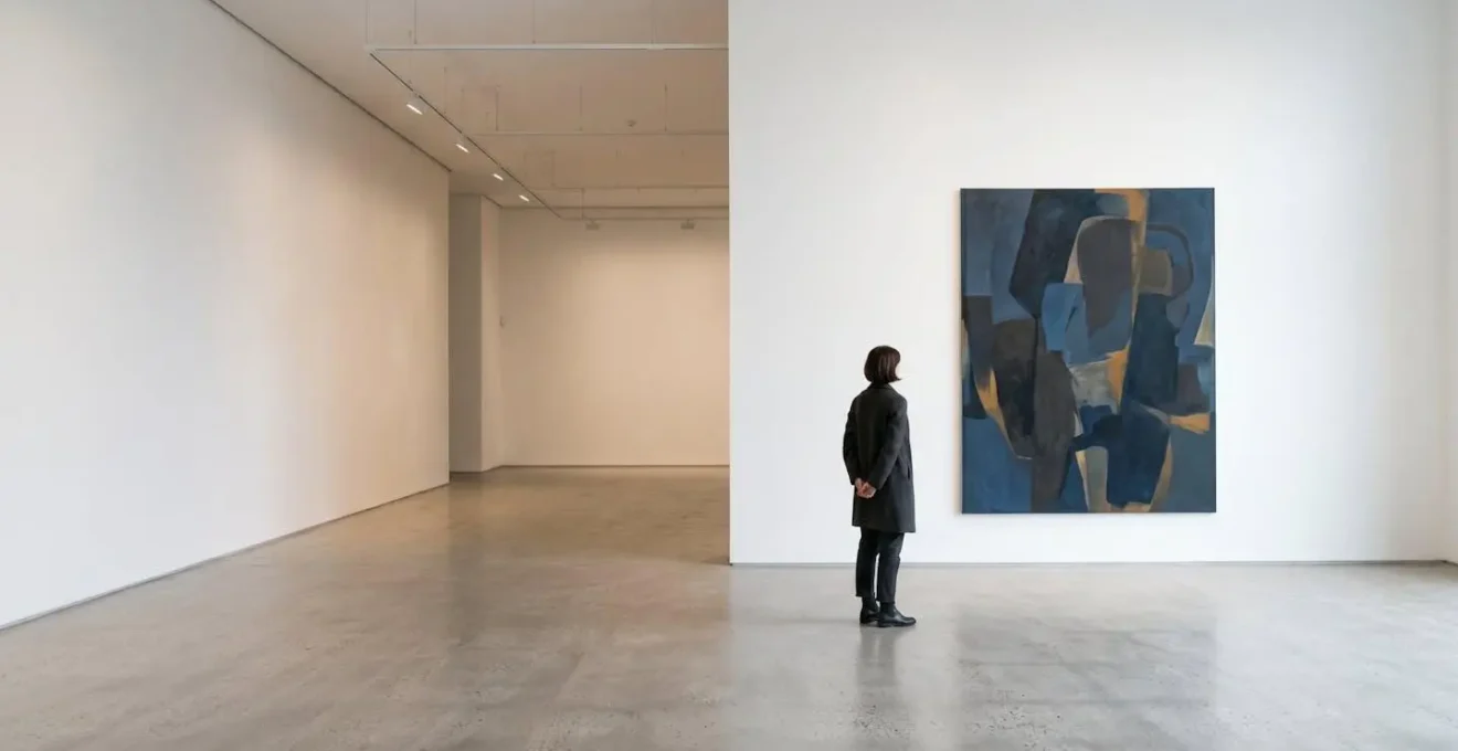 Serene gallery space with visitor observing contemporary artwork in minimalist Vesterbro setting