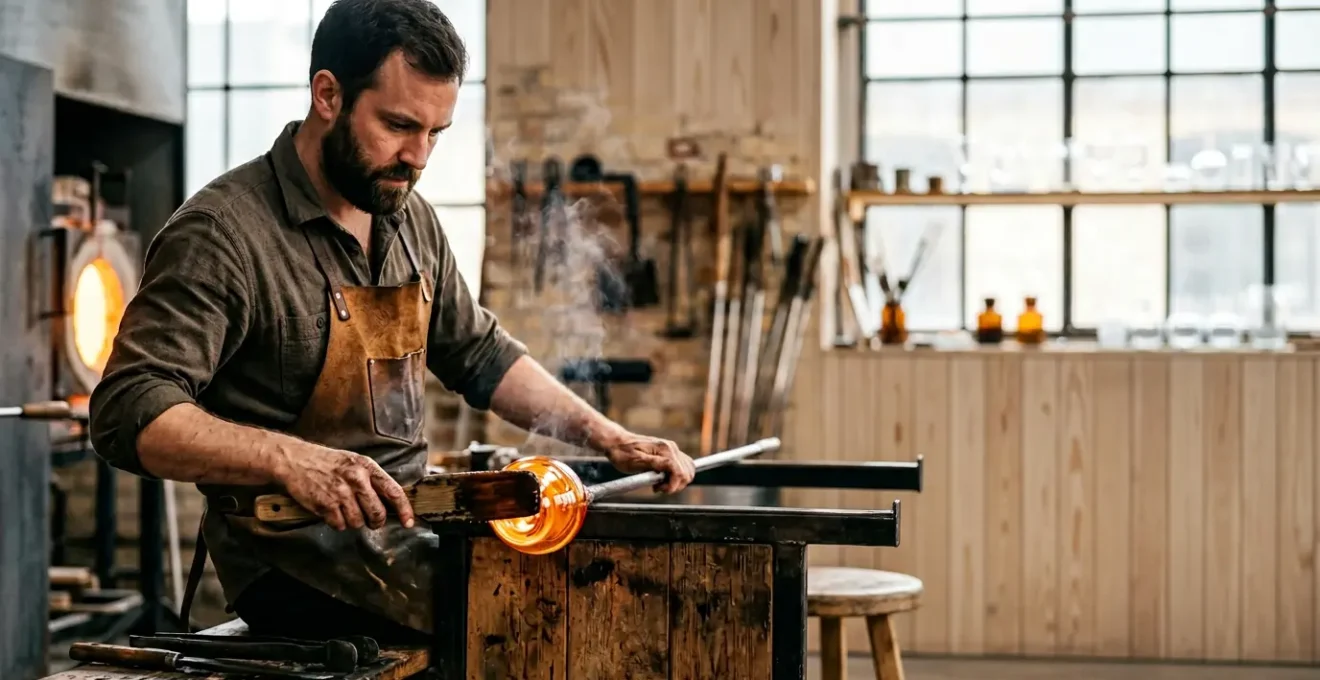 Artisan craftsperson carefully shaping molten glass using traditional techniques in Copenhagen workshop