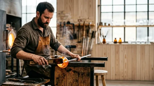 Artisan craftsperson carefully shaping molten glass using traditional techniques in Copenhagen workshop