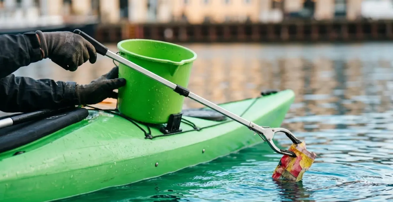 Close-up of hands in a bright green kayak reaching with a litter picker to collect floating waste from clear harbor water