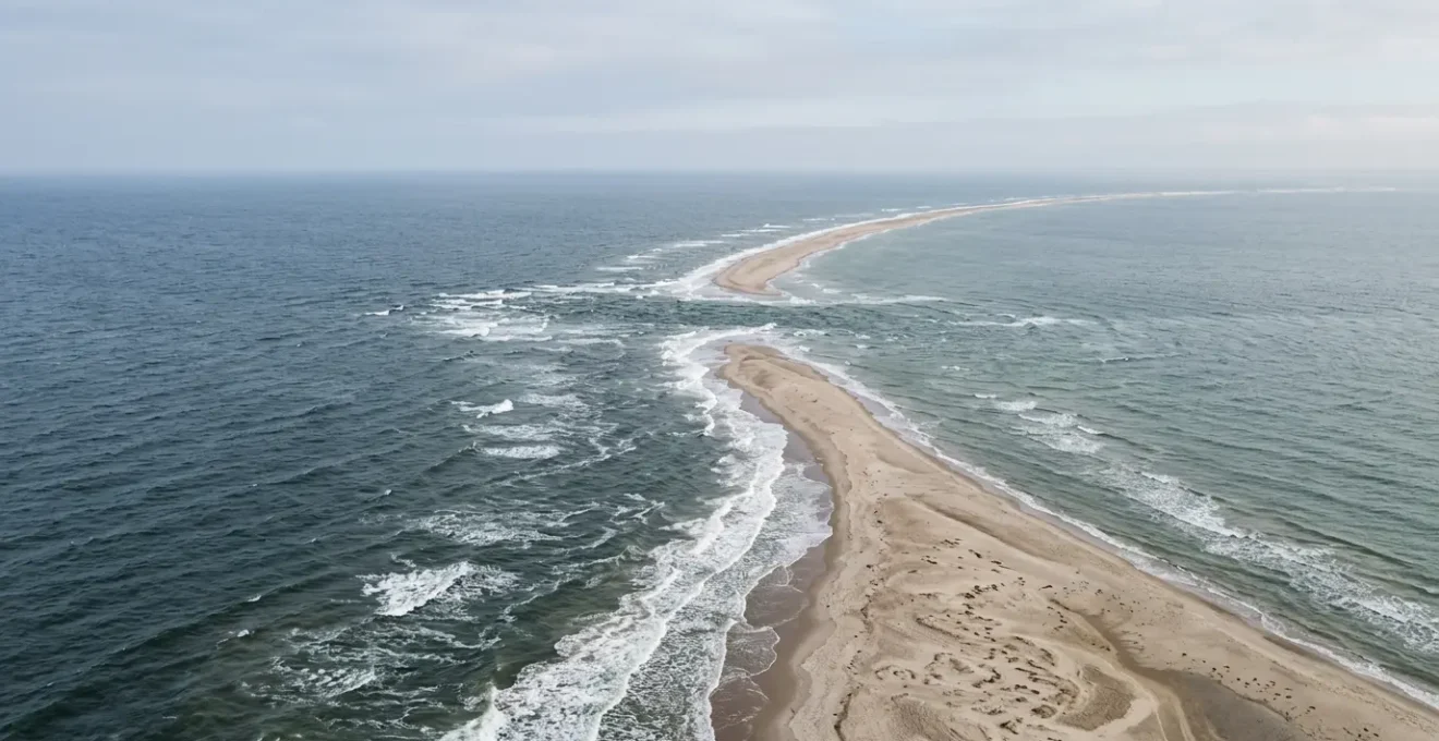 Dramatic aerial view of Grenen sandbar where Skagerrak and Kattegat seas collide at Denmark's northernmost tip