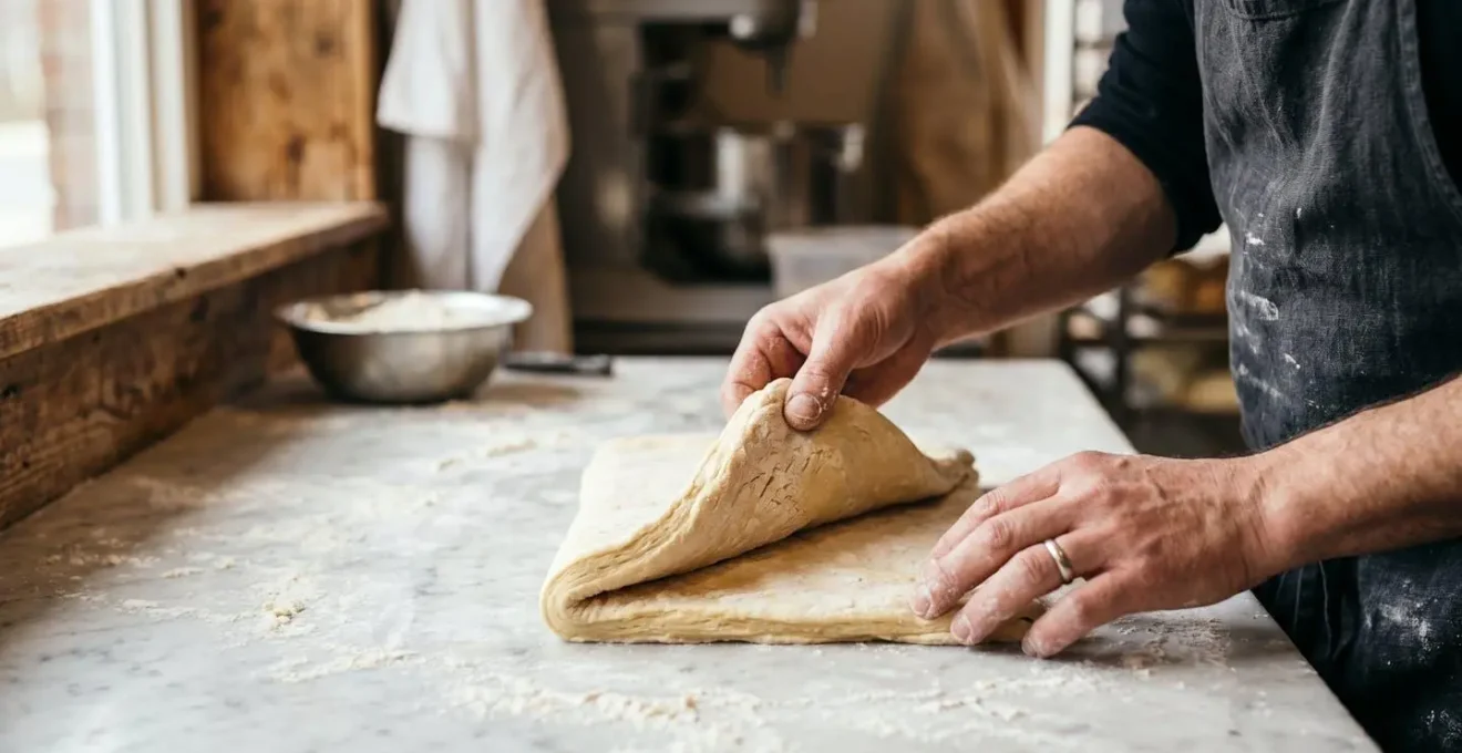 Baker's hands performing traditional letter fold on butter-laminated dough on floured marble surface