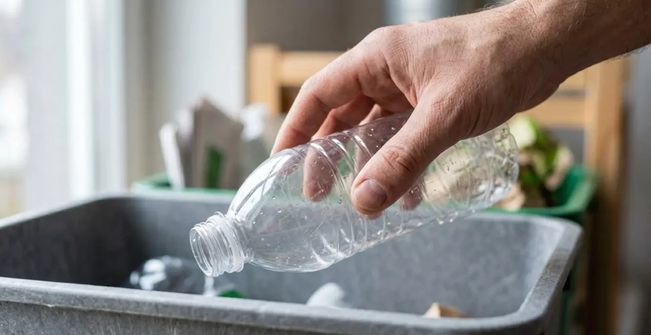 Close-up of hands carefully sorting different types of recyclable materials into separate containers with natural daylight