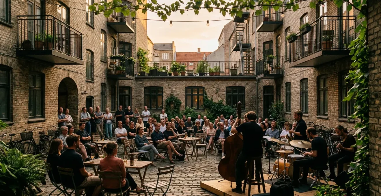 Intimate jazz performance in a secluded Copenhagen courtyard during golden hour