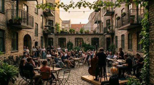 Intimate jazz performance in a secluded Copenhagen courtyard during golden hour