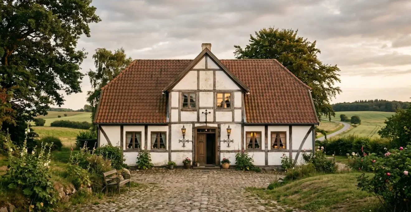 Traditional Danish kro inn with half-timbered facade and countryside setting