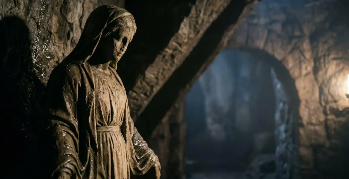 Atmospheric stone statue in dimly lit underground chamber with dramatic lighting