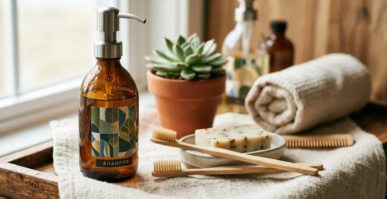 Close-up of eco-friendly hotel toiletries and reusable items on wooden surface
