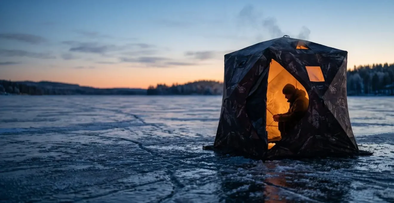 Ice fishing shelter with warm interior glow on frozen lake during blue hour with silhouette of angler inside