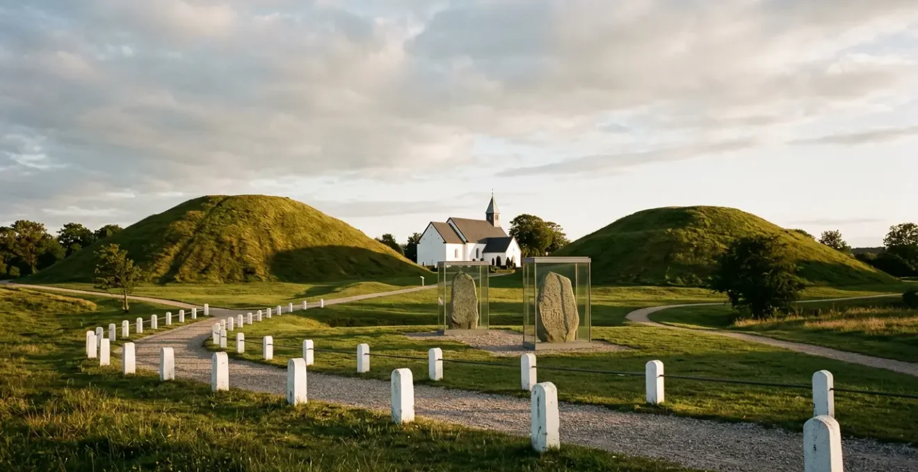 Ancient Viking runestones and burial mounds at Jelling UNESCO World Heritage site in Denmark