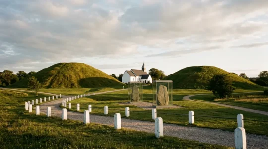 Ancient Viking runestones and burial mounds at Jelling UNESCO World Heritage site in Denmark