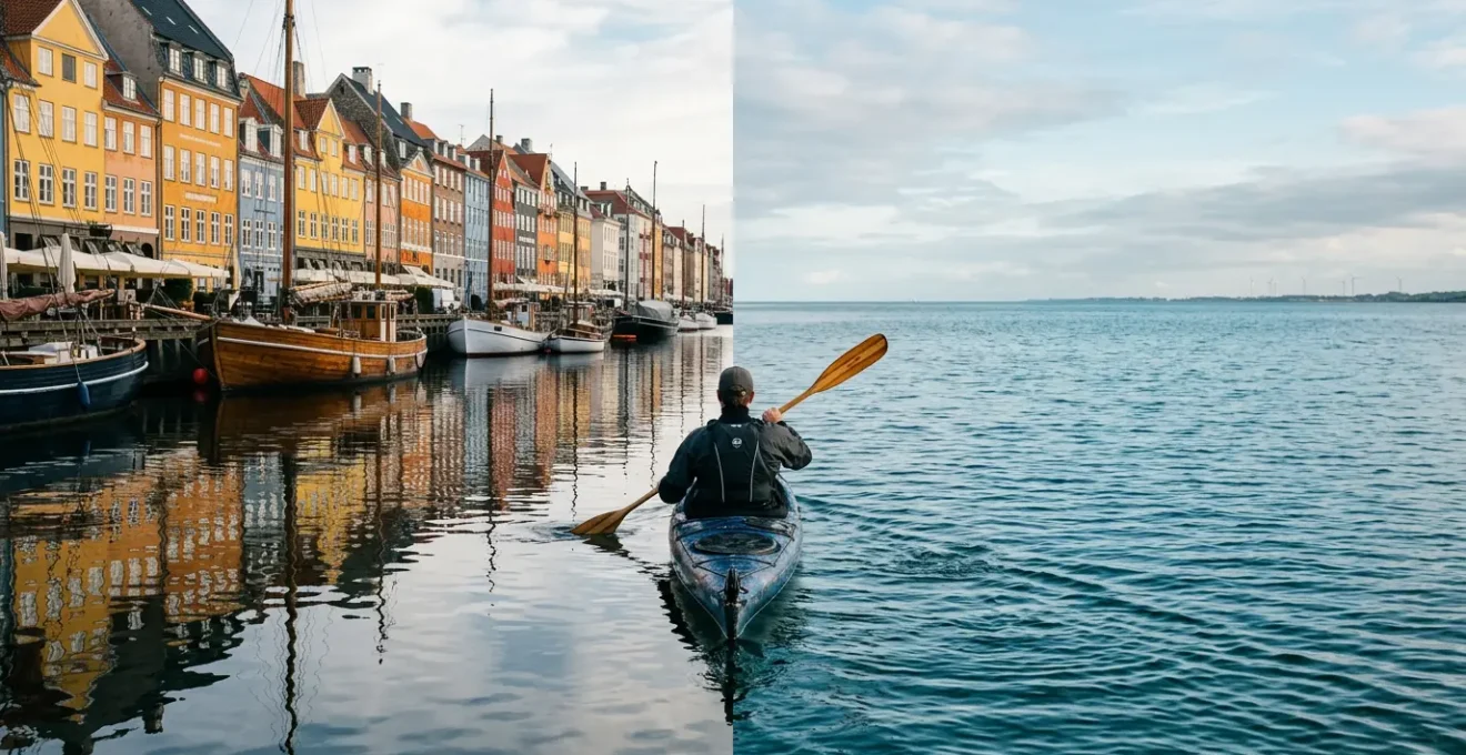 Wide panoramic view of a kayaker paddling between Copenhagen's colorful waterfront buildings and the vast open sea horizon