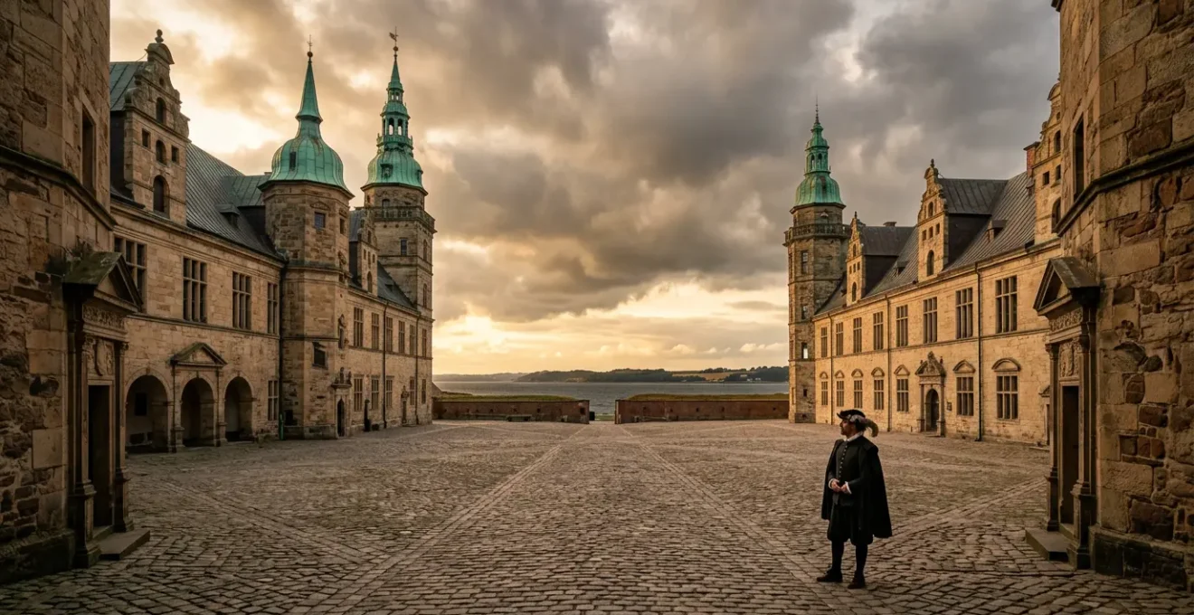 Atmospheric view of renaissance castle courtyard with theatrical performance elements at sunset