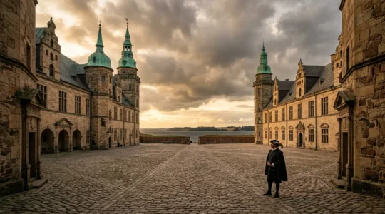 Atmospheric view of renaissance castle courtyard with theatrical performance elements at sunset