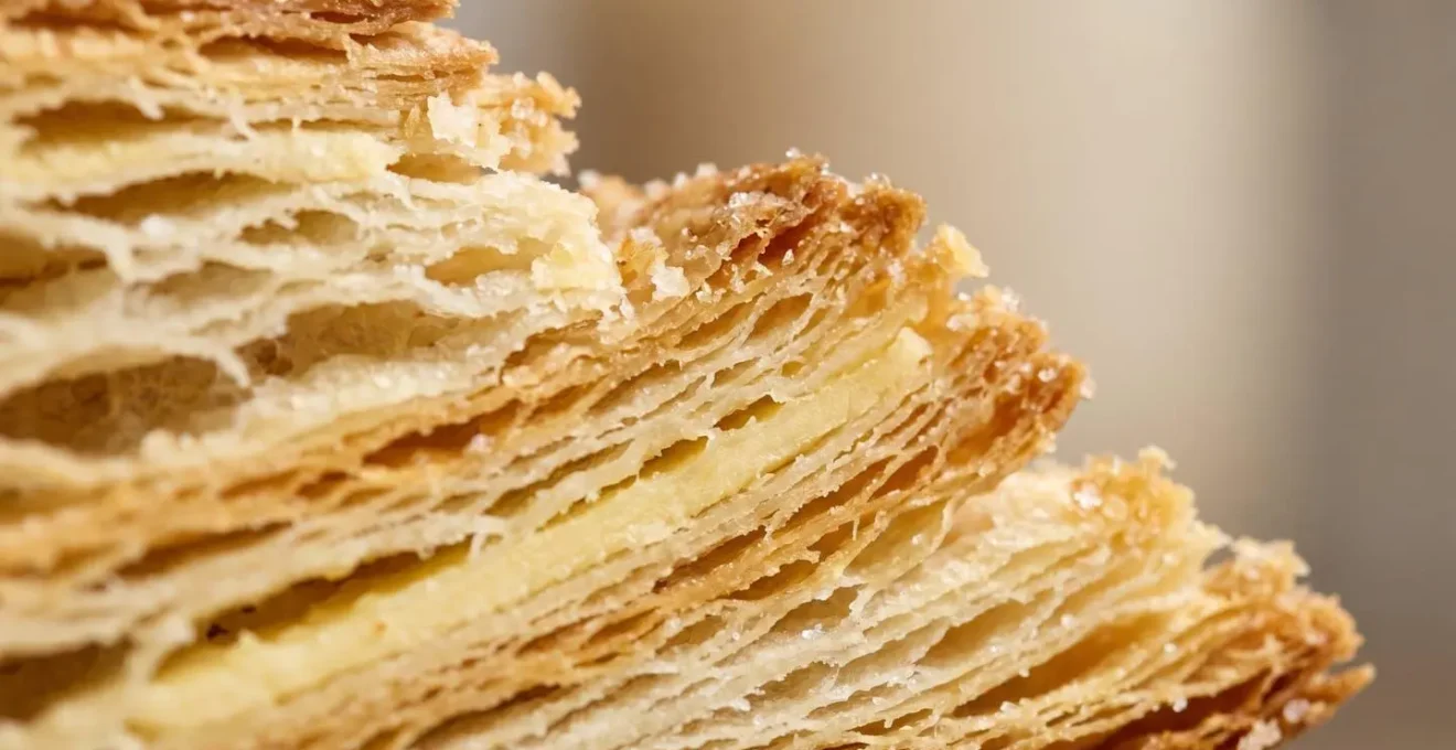 Macro cross-section view of flaky Danish pastry dough showing distinct butter layers