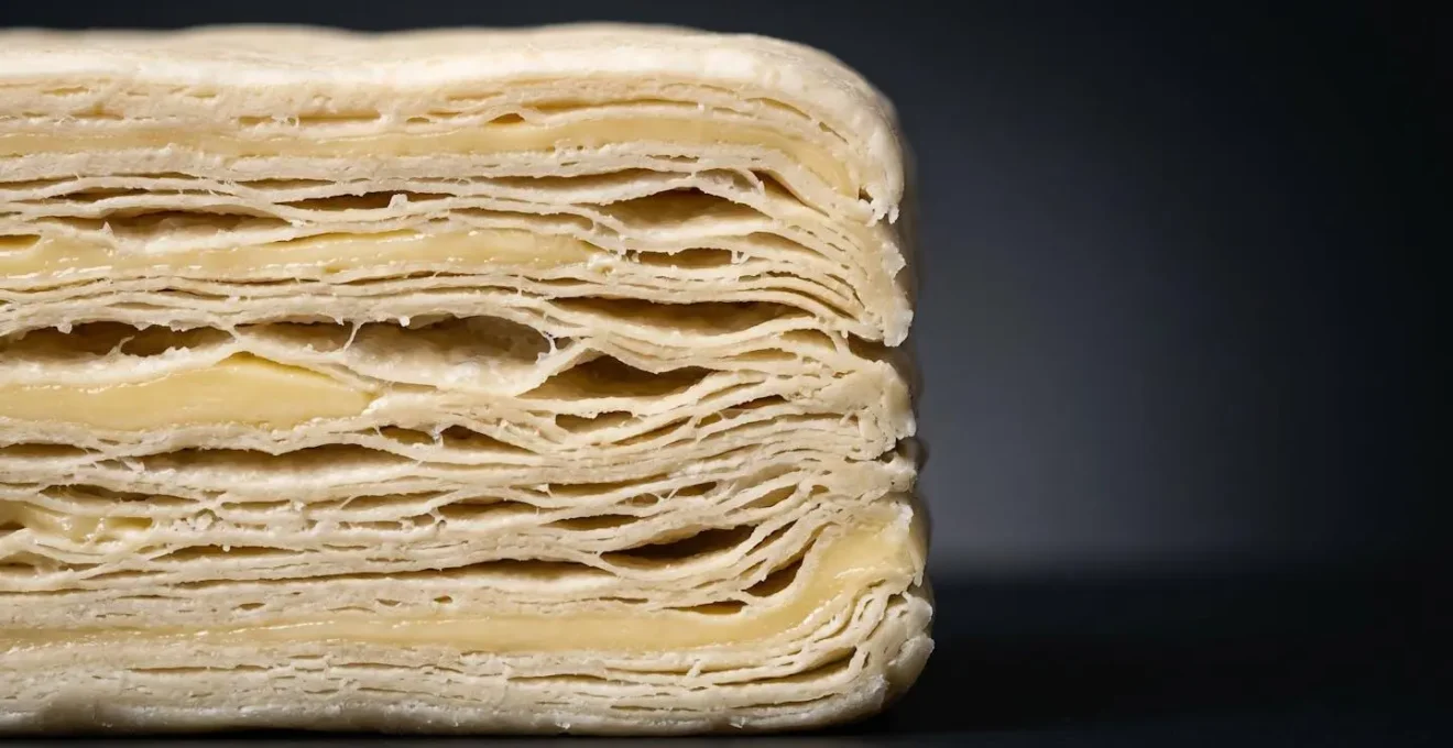 Macro cross-section view showing paper-thin butter layers in Danish wienerbrød pastry dough
