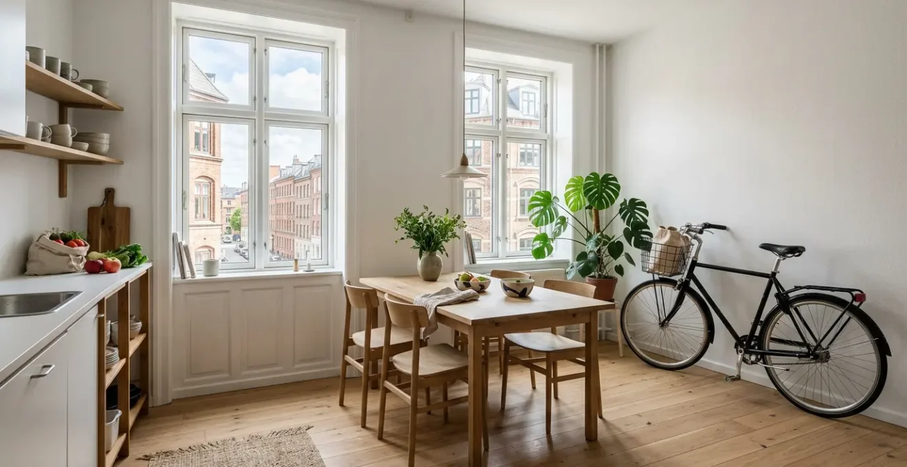 Cozy Copenhagen apartment interior with bicycle, warm natural light streaming through tall windows, and minimalist Scandinavian design elements