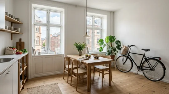 Cozy Copenhagen apartment interior with bicycle, warm natural light streaming through tall windows, and minimalist Scandinavian design elements