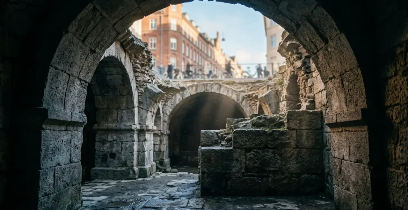 Ancient medieval stone ruins illuminated by soft diffused light beneath modern Copenhagen architecture