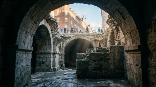 Ancient medieval stone ruins illuminated by soft diffused light beneath modern Copenhagen architecture