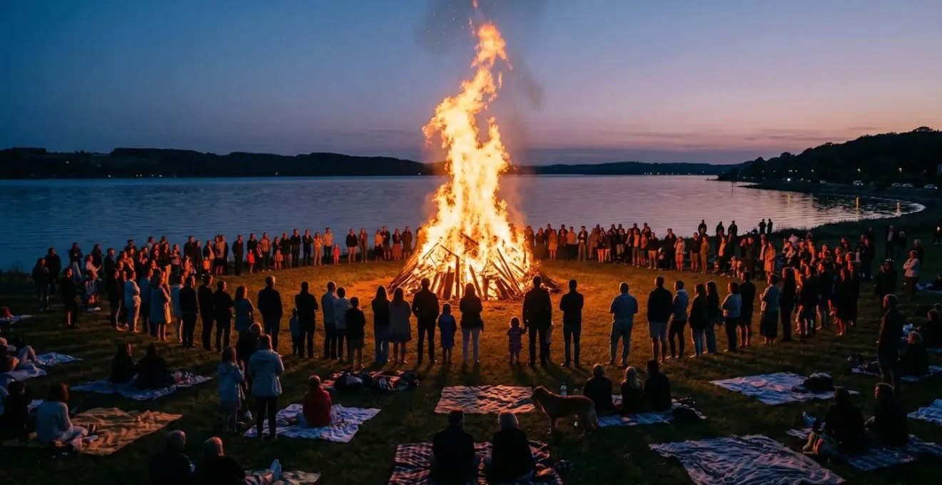 Atmospheric midsummer evening bonfire gathering by Danish waterfront